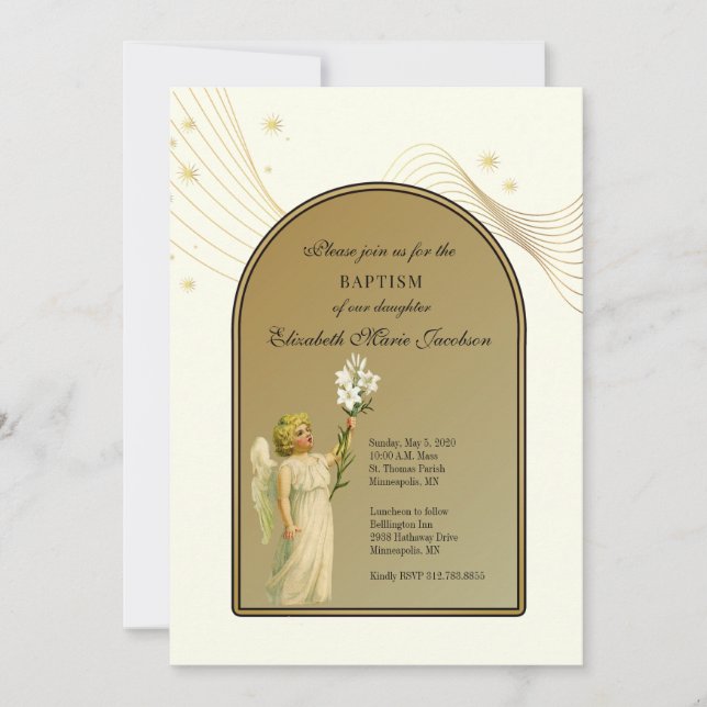 Invitation Baptême fille ou garçon Gold Angel (Devant)