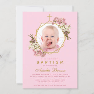 Invitation Baptême Fille Photo Rose Orchidées Floral Géométri