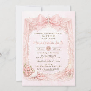 Invitation Baptême Fille Pigeon Rose Blush Coquette Féminin 