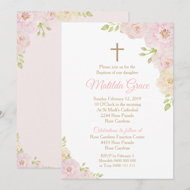 Invitation Baptême Fille Rose Baptême Invitation (Devant / Derrière)