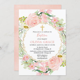 Invitation Baptême fille rose et or floral