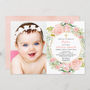 Invitation Baptême fille rose et or floral bleu rose et or