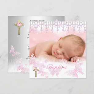 Invitation Baptême Fille Rose Papillon Croix Argentée