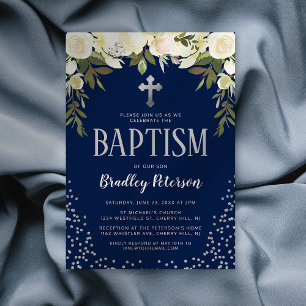 Invitation Baptême Fleur Bleu Argent Garçon Christening