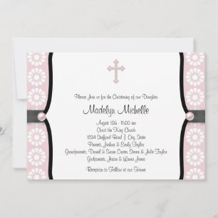 Invitation Baptême Fleur Rose Croix Perle