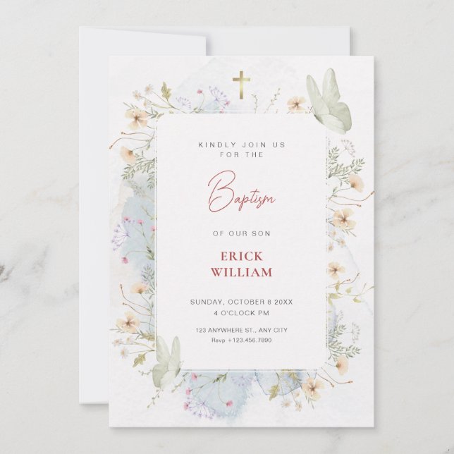 Invitation Baptême fleur sauvage blanc gris (Devant)