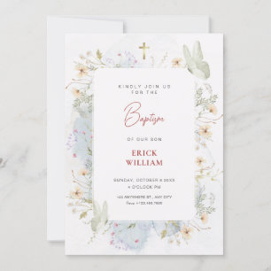 Invitation Baptême fleur sauvage blanc gris