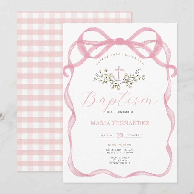 Invitation Baptême Fleur sauvage de la croix de la cou rose (Devant / Derrière)