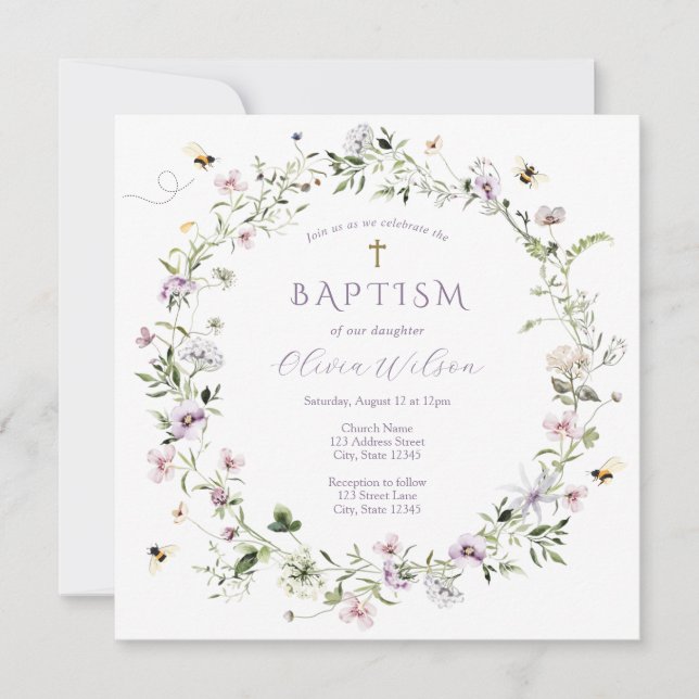 Invitation Baptême Fleur sauvage Delicate Violet (Devant)