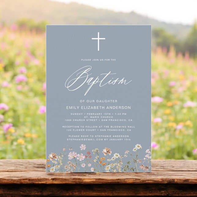 Invitation Baptême Fleur sauvage Dusty Bleu Script (Créateur téléchargé)
