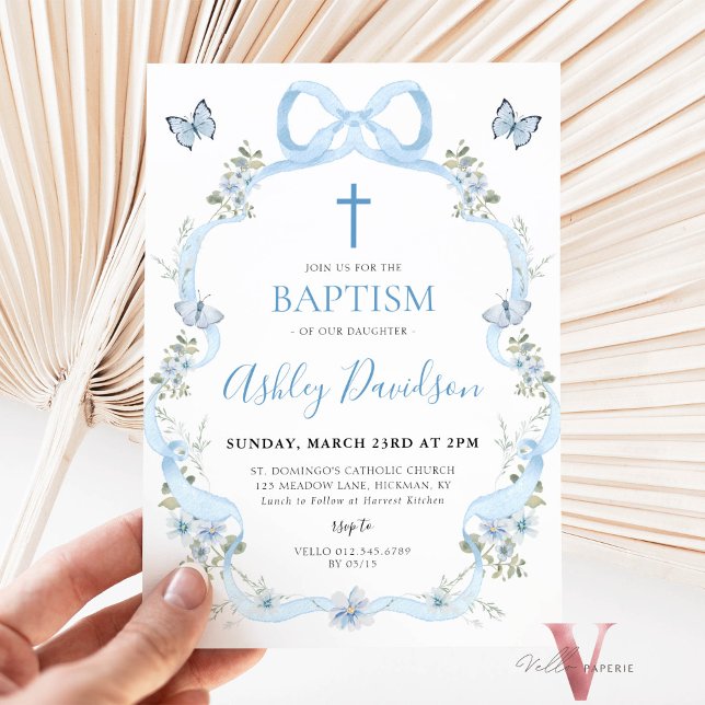 Invitation Baptême Fleur sauvage Floral Bow bleu (Créateur téléchargé)