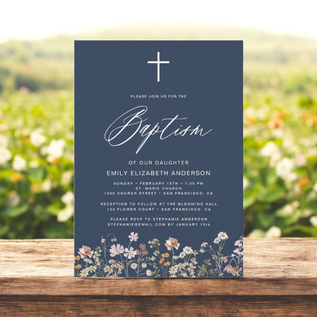 Invitation Baptême Fleur sauvage Marine Bleu Script (Créateur téléchargé)