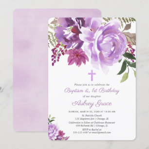 Invitation Baptême fleuri et vert pourpre 1er anniversaire