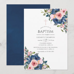Invitation Baptême floral à l'aquarelle bleu marine et rose