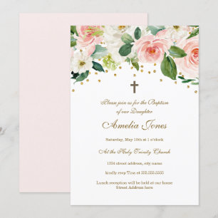 Invitation Baptême floral aquarelle or rose