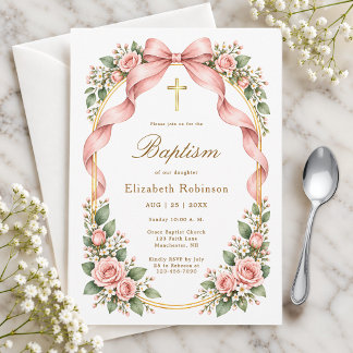 Invitation Baptême Floral au Ruban Rose Élégant
