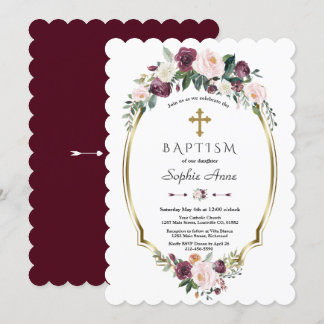 Invitation Baptême Floral Baptême Bourgogne Or Charme