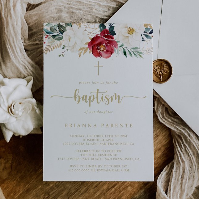 Invitation Baptême floral blanc bordeaux d'or classique (Créateur téléchargé)
