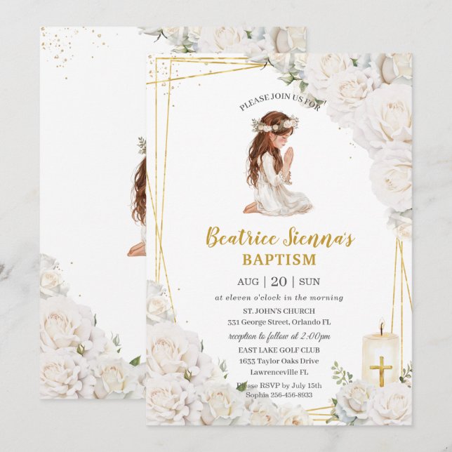 Invitation Baptême Floral Blanc Brisant Priant Fille (Devant / Derrière)