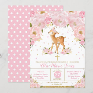 Invitation Baptême floral blanc cerf fille Christening