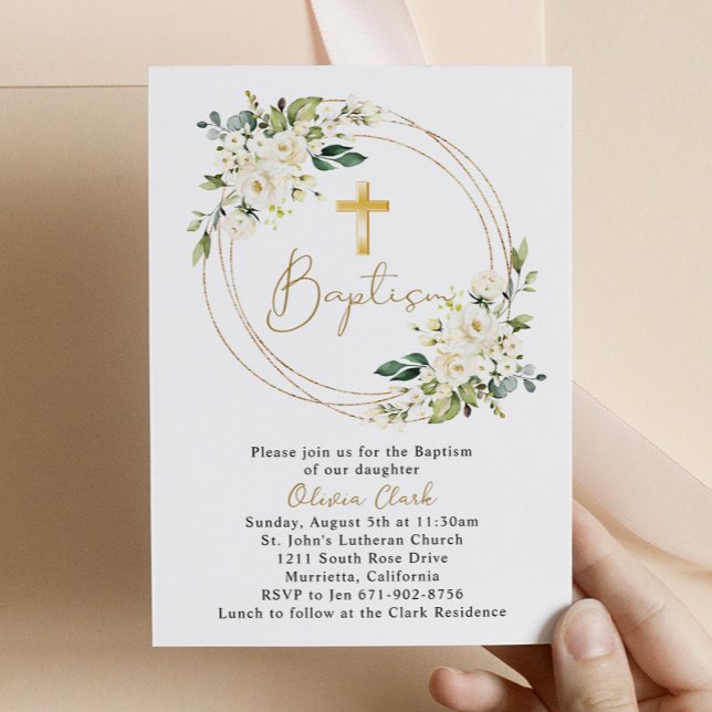 Invitation Baptême Floral Blanc Christening Gold Frame (Créateur téléchargé)
