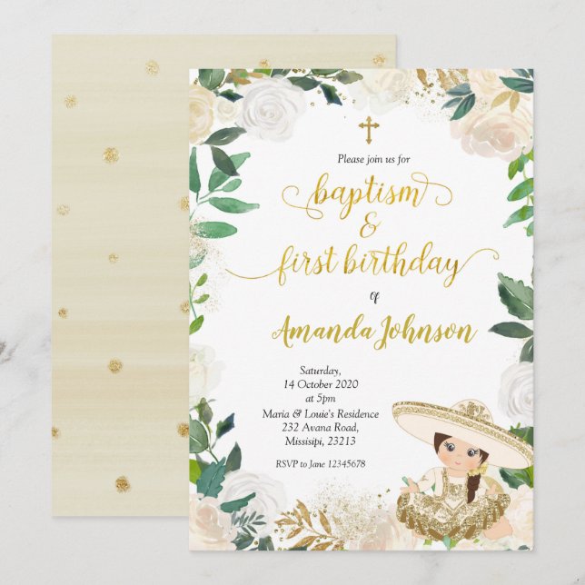 Invitation Baptême Floral Blanc Mexicain et premier anniversa (Devant / Derrière)