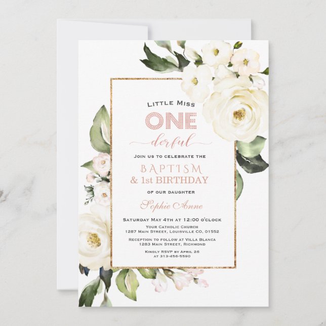 Invitation Baptême Floral Blanc Or tendance Premier anniversa (Devant)