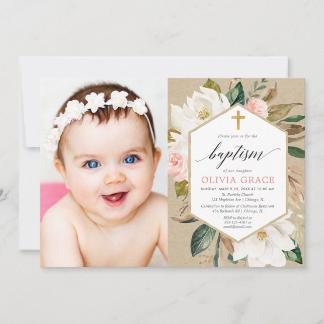 Invitation Baptême floral blanc roux kraft (Devant)