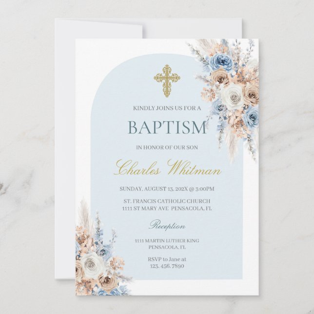 Invitation Baptême floral bleu clair (Devant)