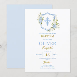 Invitation Baptême Floral Bleu Crest