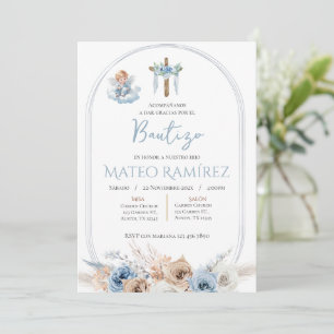 Invitation Baptême floral bleu espagnol
