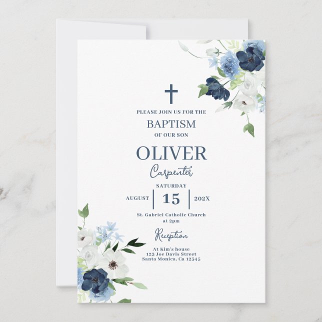Invitation Baptême floral bleu garçon (Devant)