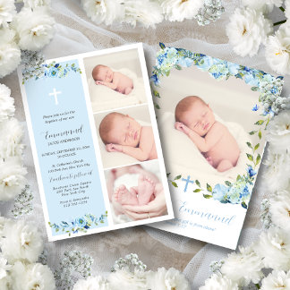 Invitation Baptême Floral bleu multiphoto pour garçons