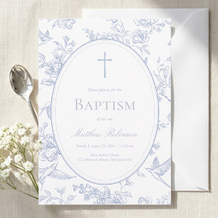 Invitation Baptême Floral Bleu Poussiéreux