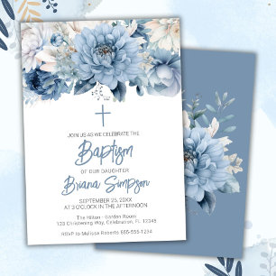 Invitation Baptême floral bleu poussiéreux