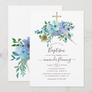Invitation Baptême floral bohème aquarelle menthe et bleu