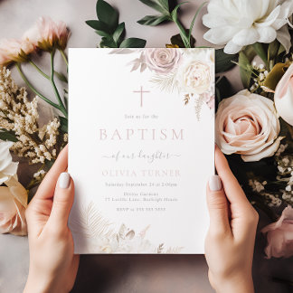 Invitation Baptême Floral Broussailleux et ivoire