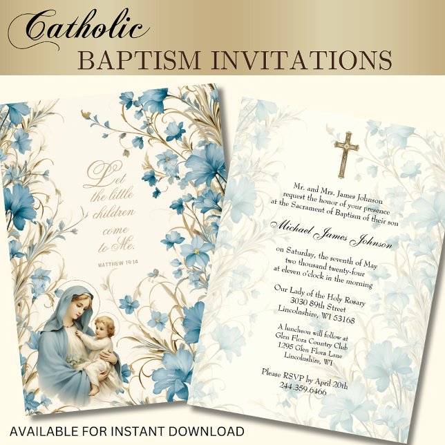 Invitation Baptême floral catholique baptême baptême écriture (Créateur téléchargé)
