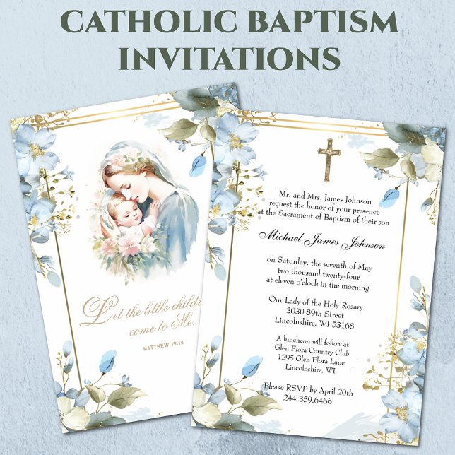 Invitation Baptême Floral Catholique Christening Bébé Écritur (Créateur téléchargé)
