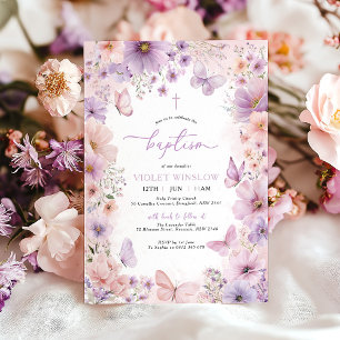 Invitation Baptême floral Christening Purple Butterfly Girl