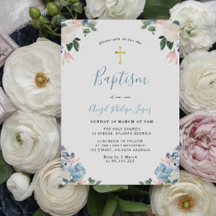 Invitation Baptême floral d'aquarelle bleue