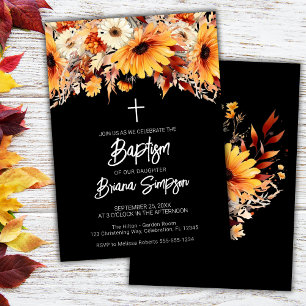 Invitation Baptême Floral d'Automne Noir