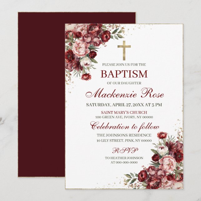 Invitation Baptême floral de Bourgogne, rose et or (Devant / Derrière)