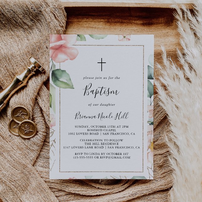 Invitation Baptême floral de feuillage vert d'or géométrique (Créateur téléchargé)