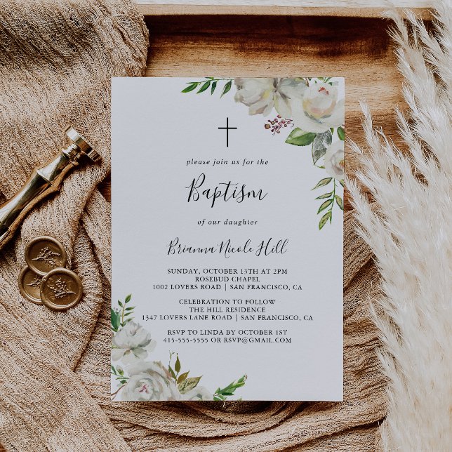 Invitation Baptême floral de la pivoine d'hiver blanche (Créateur téléchargé)