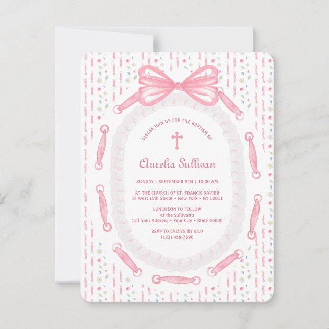 Invitation Baptême floral de la structure en ruban rose (Devant)