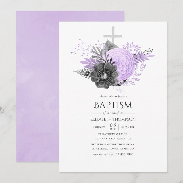 Invitation Baptême floral de Lilac et de Charbon (Devant / Derrière)