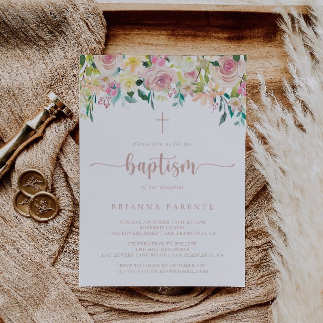 Invitation Baptême floral de printemps or rose (Créateur téléchargé)