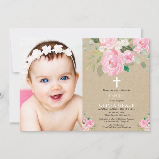 Invitation Baptême floral de Rustic Girl (Devant)