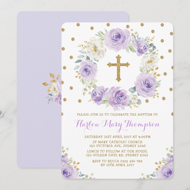 Invitation Baptême floral d'or mauve (Devant / Derrière)